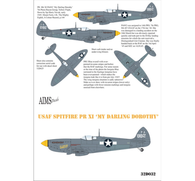 Декаль Spitfire PR XI 1/32 AIMS 32D032