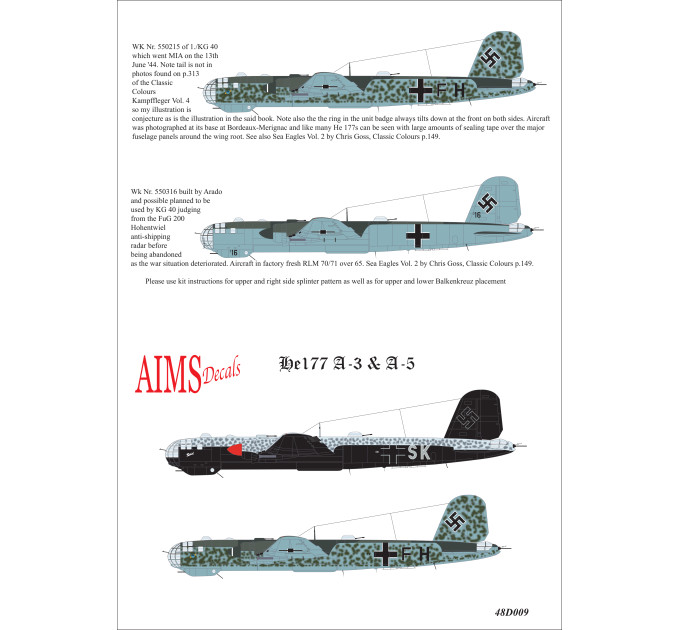 Декаль до He 177 A-3 та A-5 1/48 AIMS 48D009