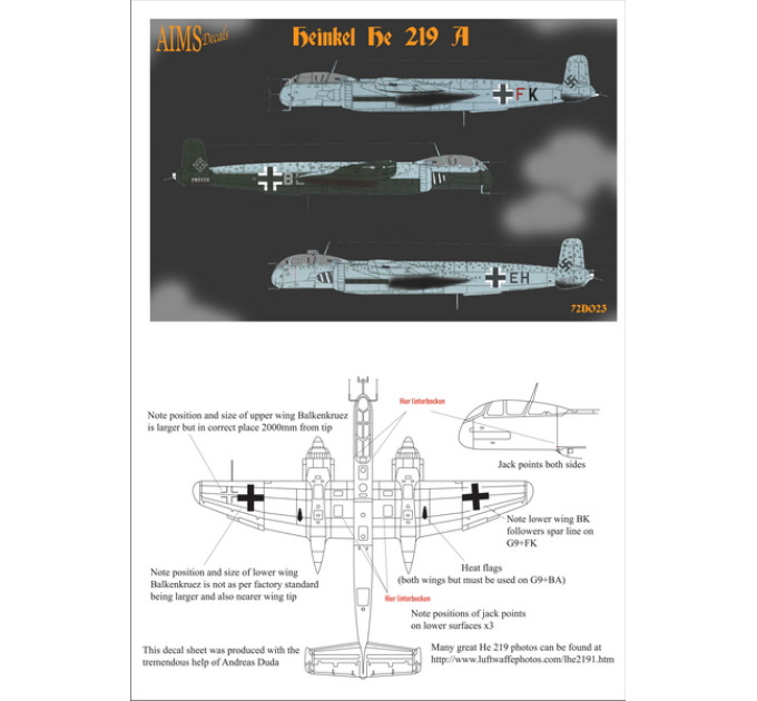 Декаль Heinkel He 219 1/72 AIMS 72D023