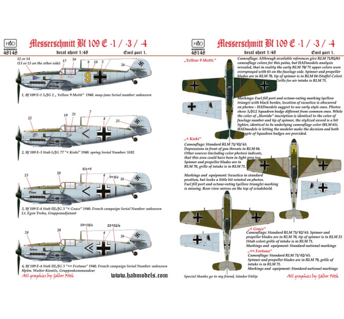 Декаль Bf 109E-1/3/4 1/48 HADmodels 48148