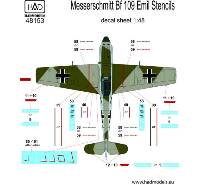 Декаль Bf 109E 1/48 Повна версія тех.написів HADmodels 48153