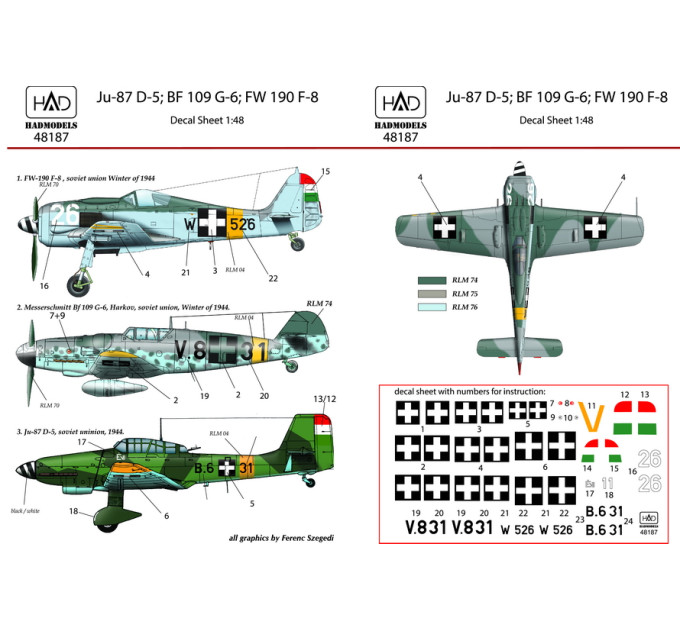 Декаль Fw 190F-8 Bf 109G-6 Ju-87D-5 1/48 HADmodels 48187