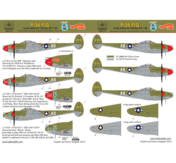 Декаль P-38 F/G 1/48 over Europe HADmodels 48212
