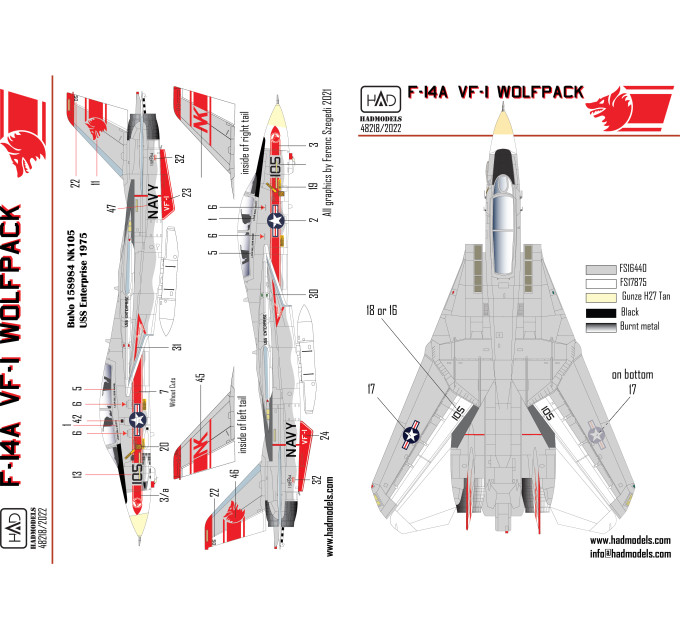 Декаль F-14A VF-1 1/48 Wolfpack USS Enterprise HADmodels 48218