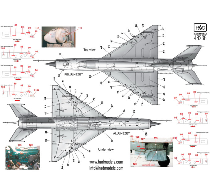 Декаль МіГ-21МФ/БіС 1/48 тех. написи білі HADmodels 48236