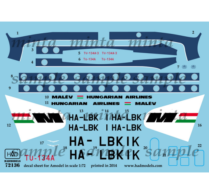 Декаль Ту-134 1/72 HADmodels 72136