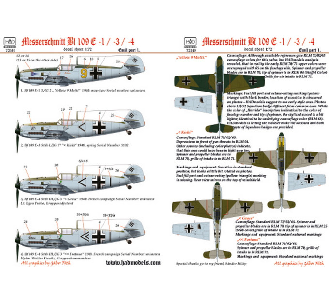 Декаль Me Bf 109E1/3/4  1/72 HADmodels 72149