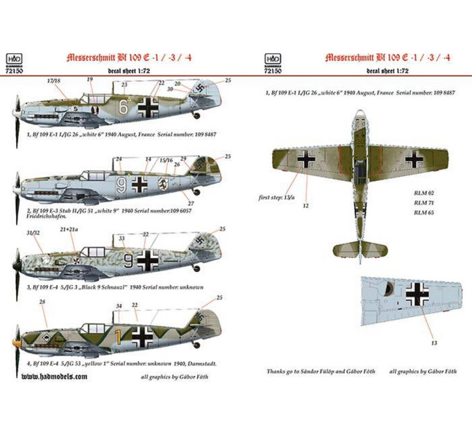 Декаль Me Bf 109E1/3/4 1/72 HADmodels 72150