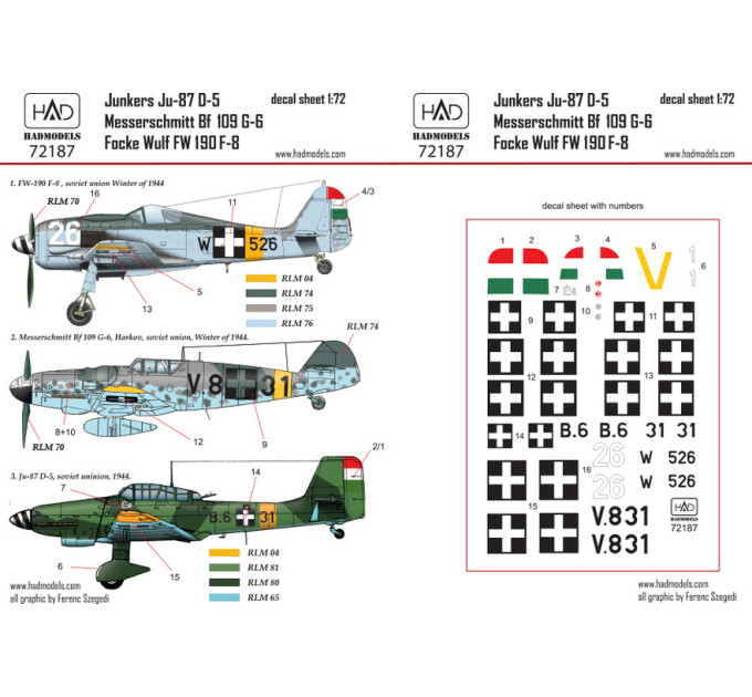 Декаль Bf 109G-6, Ju 87D-5, Fw 190F-8 1/72 HADmodels 72187
