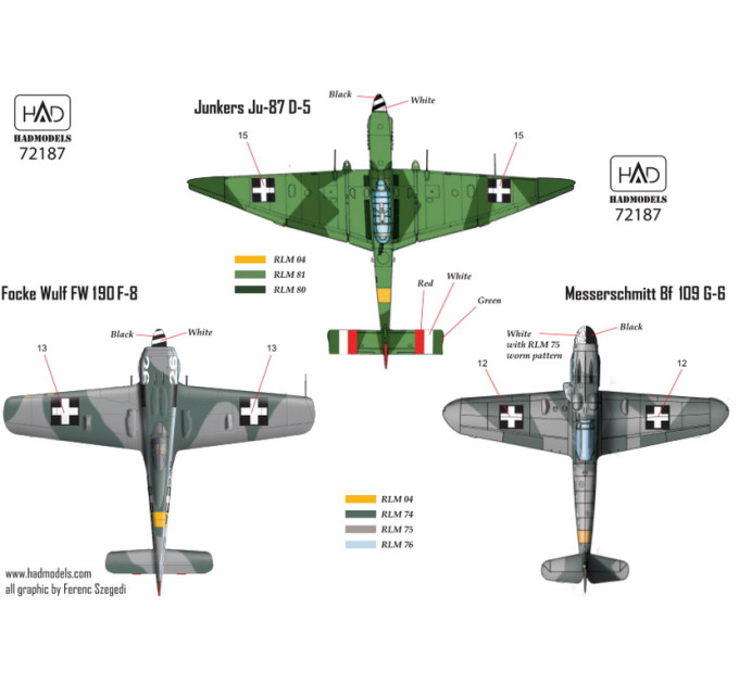 Декаль Bf 109G-6, Ju 87D-5, Fw 190F-8 1/72 HADmodels 72187