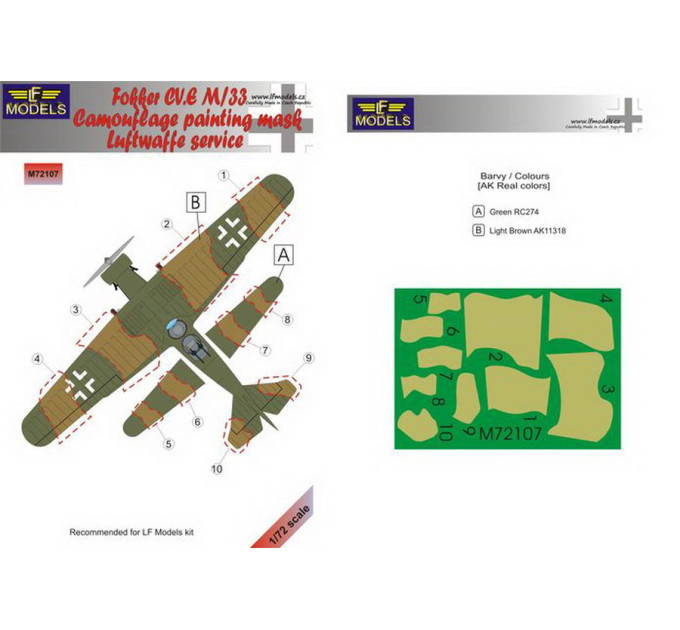 Маска камуфляжного фарбування Fokker CV.E M/33 1/72 LFmodels M72107