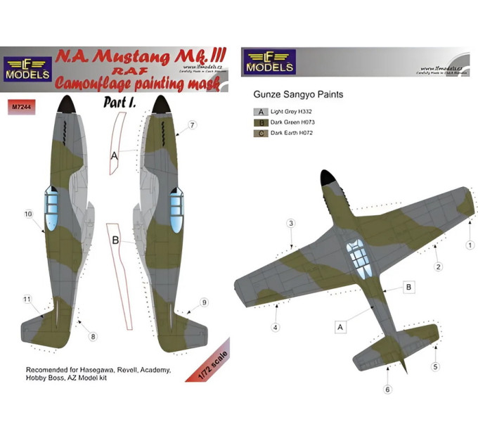 Маска камуфляжного фарбування Mustang Mk.III RAF 1/72 LFmodels M7244