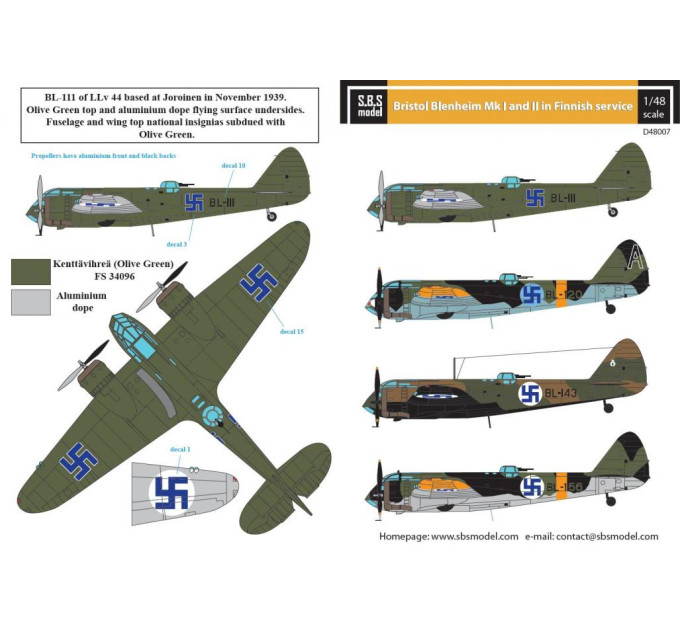 Декаль Bristol Blenheim Mk. I-II Фінських ВПС 1/48 SBS-D48007