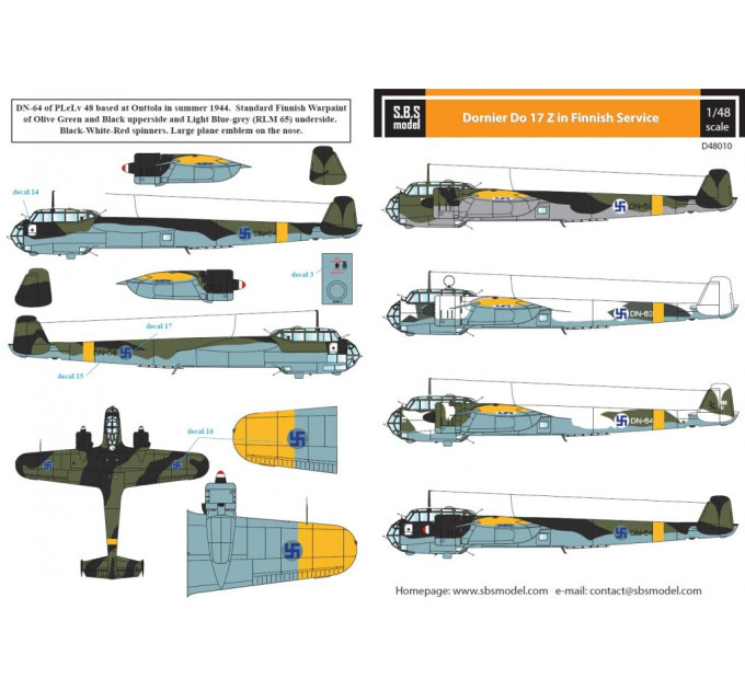 Декаль Do 17Z Фінських ВПС 1/48 SBS-D48010