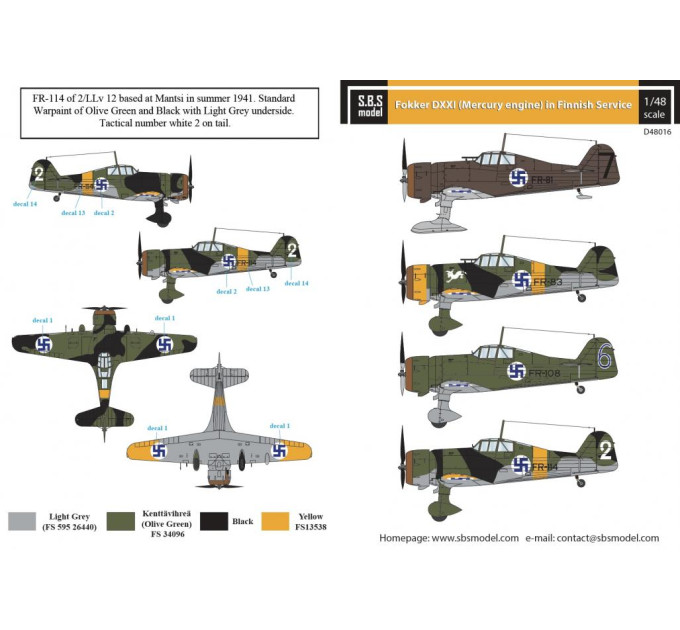 Декаль Fokker D.XXI 1/48 SBS-D48016