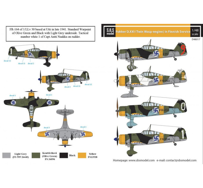 Декаль Fokker D.XXI 1/48 SBS-D48017