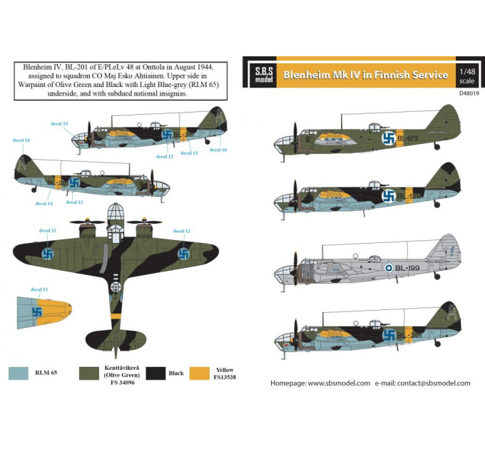 Декаль Bristol Blenheim Mk. IV 1/48 SBS-D48019
