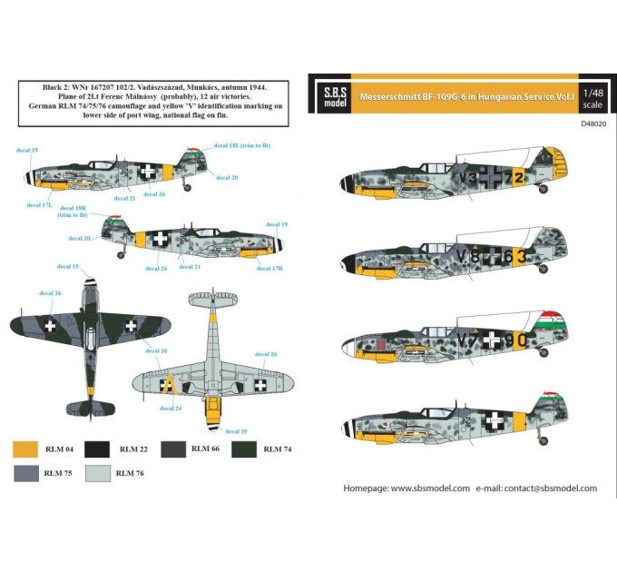 Декаль Bf 109G-6 частина I Угорських ВПС 1/48 SBS-D48020