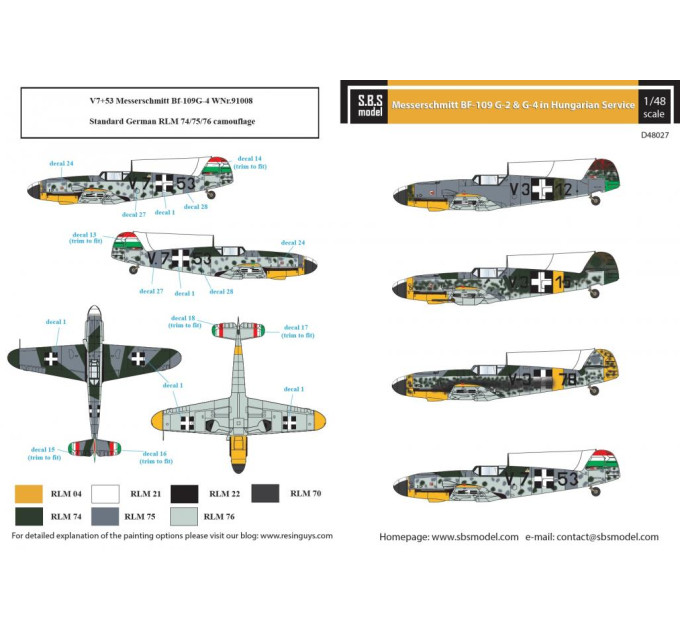 Декаль Bf 109G-2, G-4 1/48 SBS-D48027