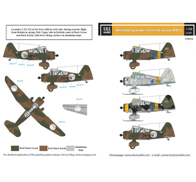 Декаль Westland Lysander 1/48 SBS-D48038