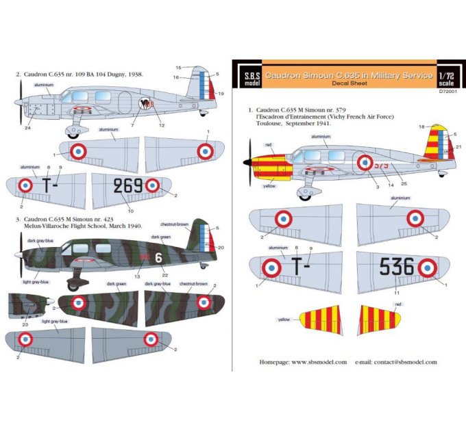 Декаль Caudron Simoun D.635 1/72 SBS-D72001