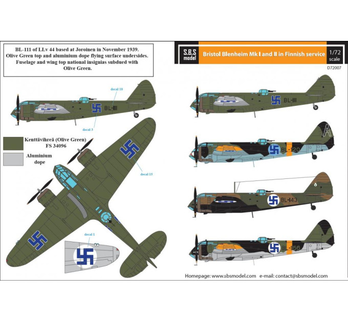 Декаль Bristol Blenheim Mk. I-II 1/72 SBS-D72007