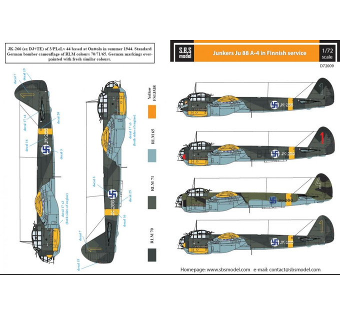 Декаль Ju 88A-4 1/72 SBS-D72009