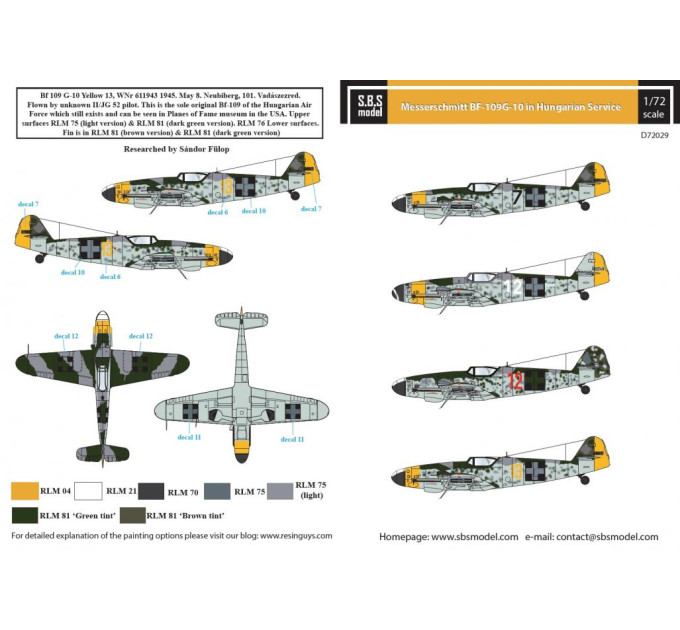 Декаль Bf 109G-10 1/72 SBS-D72029