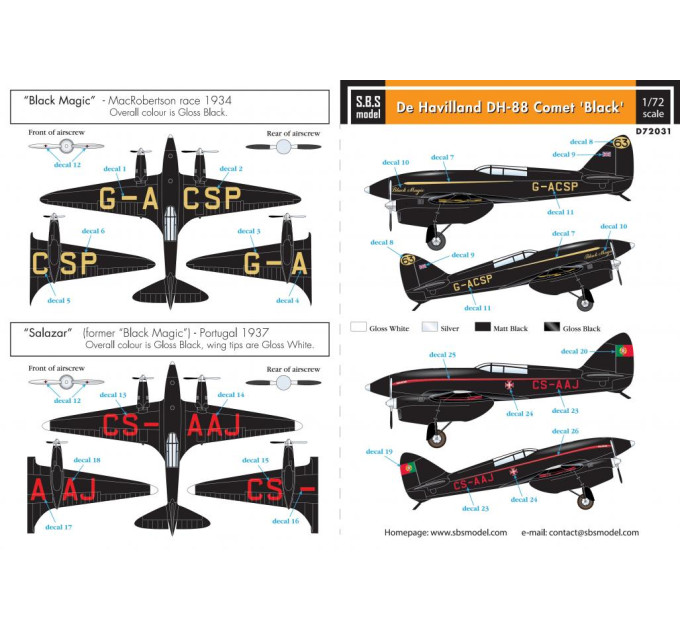 Декаль De Havilland DH-88 Comet "Black" 1/72 SBS-D72031