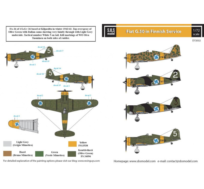 Декаль Fiat G.50 Freccia 1/72 SBS-D72032