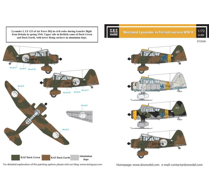 Декаль Westland Lysander 1/72 SBS-D72038